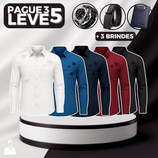 [PAGUE 3 LEVE 5] Camisa Manga Longa Casual Iceshirt em Seda Gelo e Poliéster + BRINDES: Cinto, Carteira e Relógio